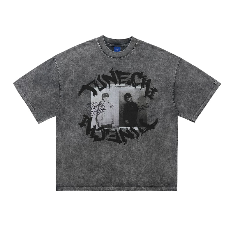 ONSEVENINE Two-Panel Dual Portrait Acid-Wash Graphic Tee