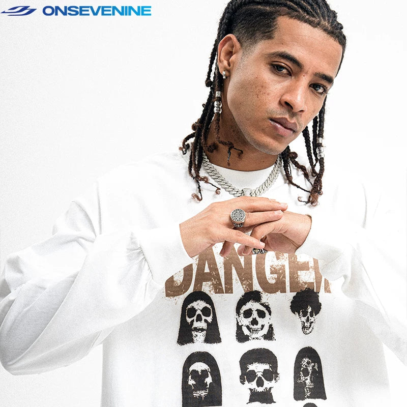 ONSEVENINE "Danger" Skull-Portrait Graphic Long-Sleeve Tee