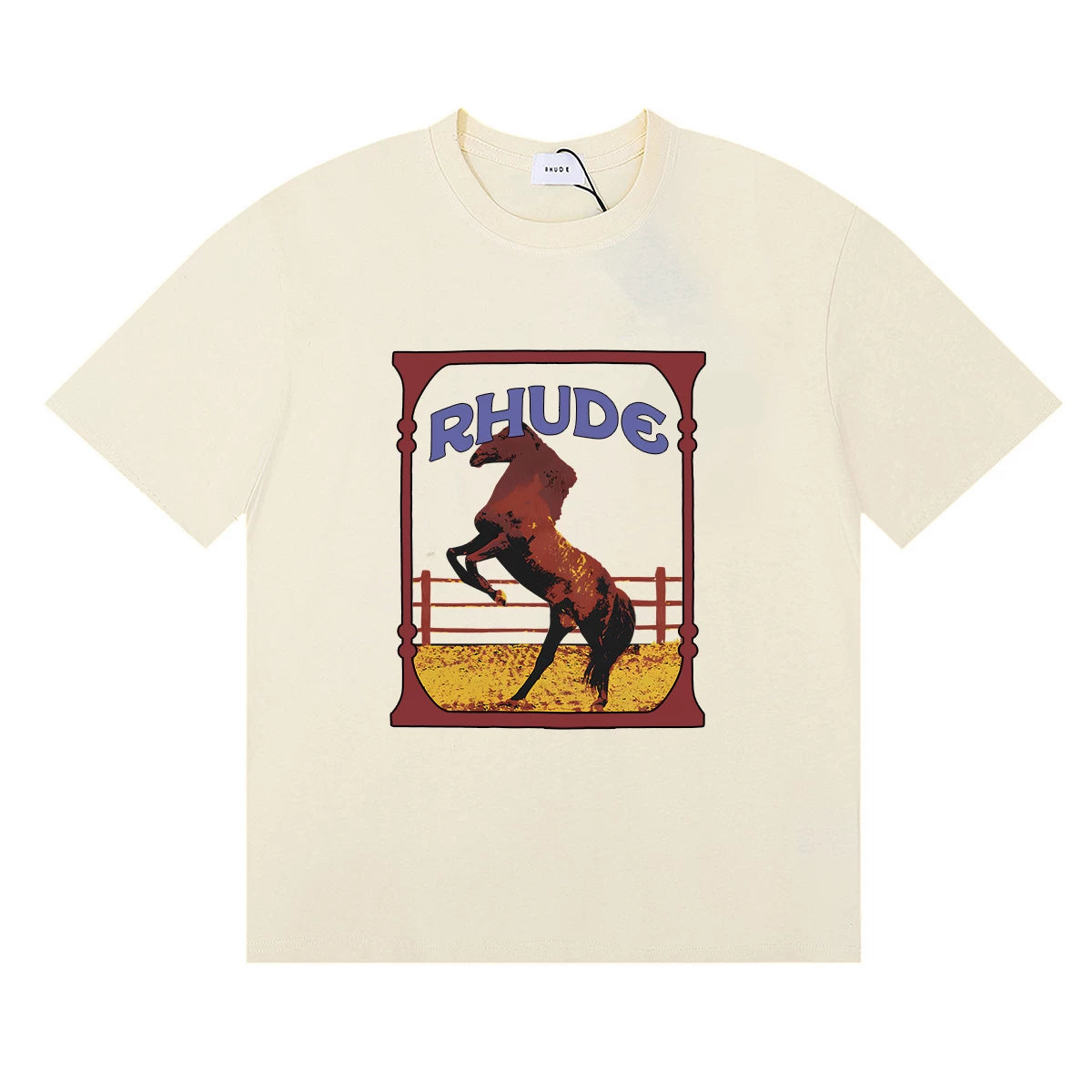 RHUDE Graphic Print T-Shirt - Cream Rearing Horse Motif