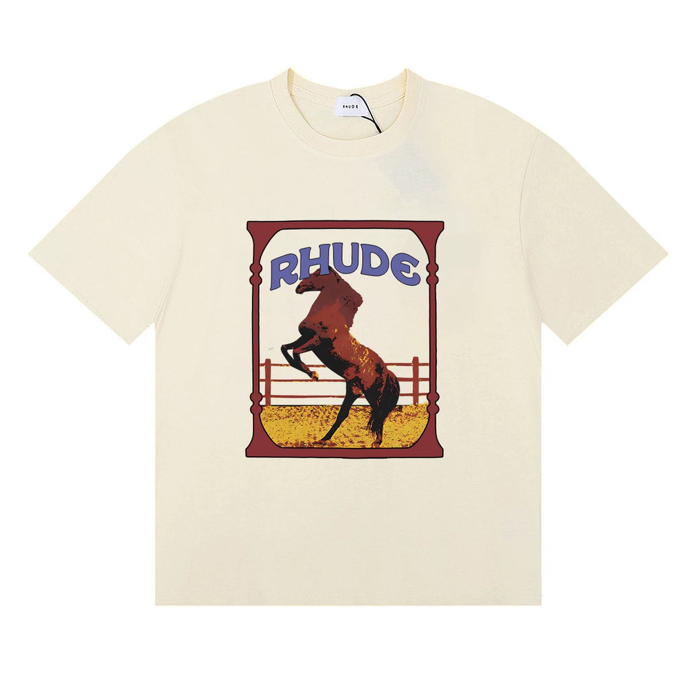 RHUDE Graphic Print T-Shirt - Cream Rearing Horse Motif
