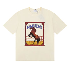 RHUDE Graphic Print T-Shirt - Cream Rearing Horse Motif