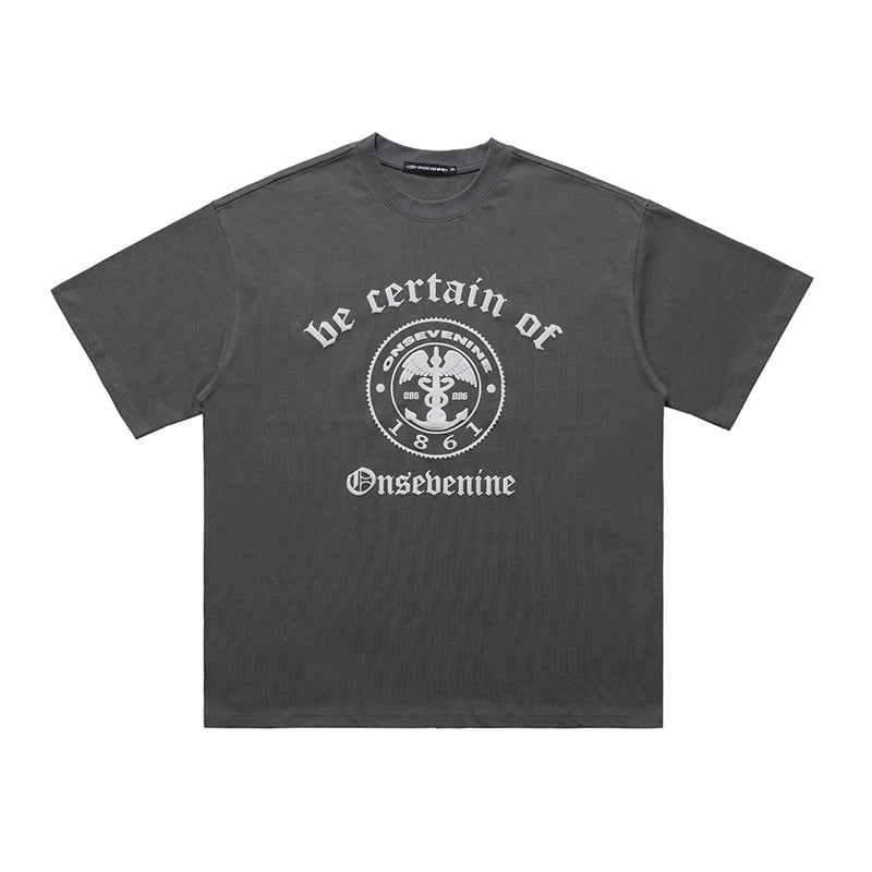 ONSEVENINE Emblem & Gothic Typography Tee