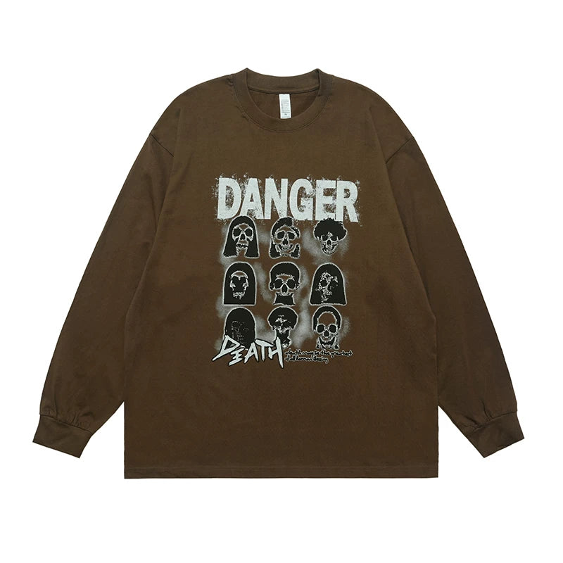 ONSEVENINE "Danger" Skull-Portrait Graphic Long-Sleeve Tee