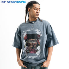 ONSEVENINE Roses and Blindfolded Figure Graphic Tee