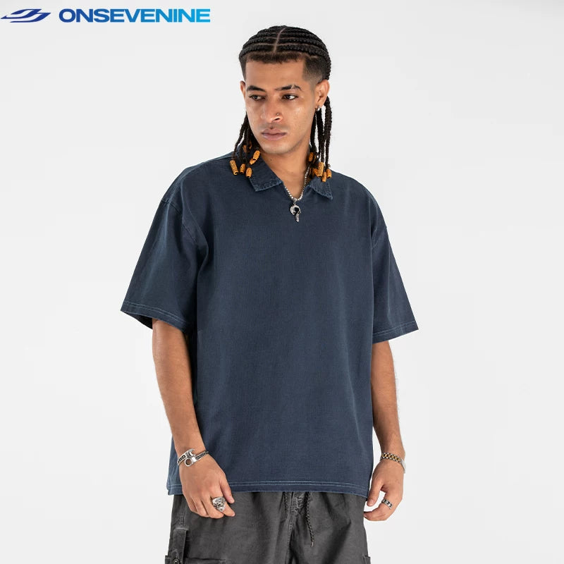 ONSEVENINE Acid-Wash Polo Collar Tee