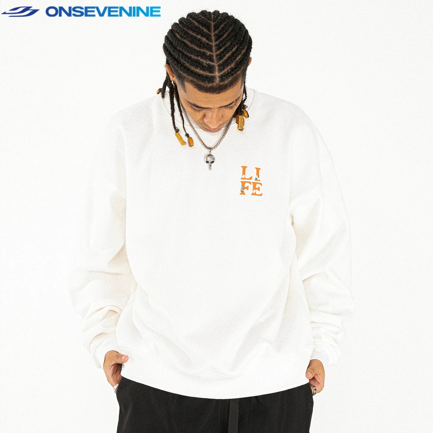 ONSEVENINE "LIFE" Back-Graphic Black Sweatshirt