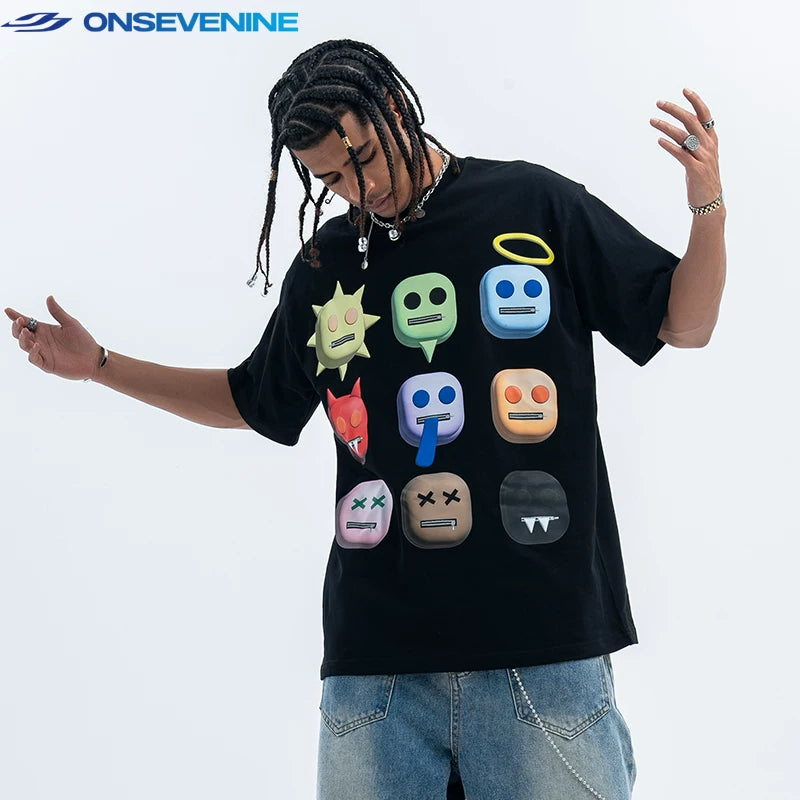 ONSEVENINE 3D Emoji Character Grid Graphic Tee