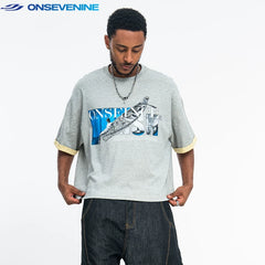 ONSEVENINE Blue Block-Collage Graphic Tee