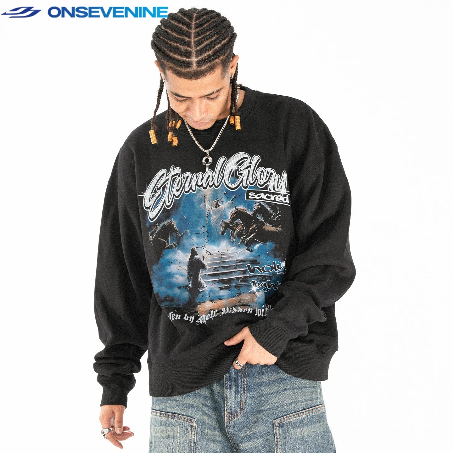 ONSEVENINE "Eternal Glory" Graphic Heather Grey Sweatshirt